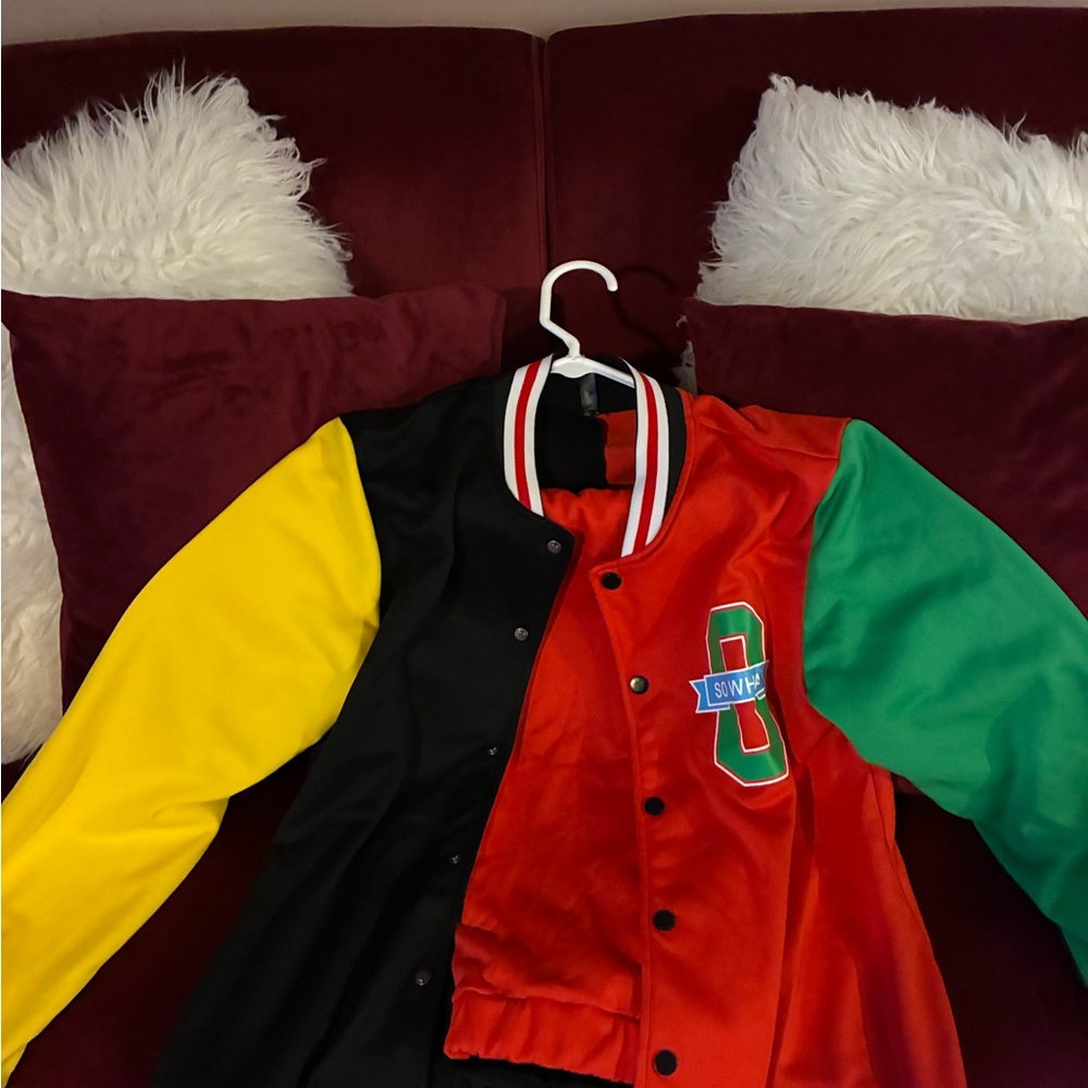 Colorblock Varsity Jacket in Red, Black, Yellow, Green